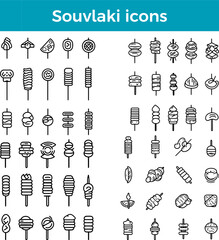 Souvlaki icons line Greek grilled meat skewers vector traditional food street cuisine barbecue illustration set