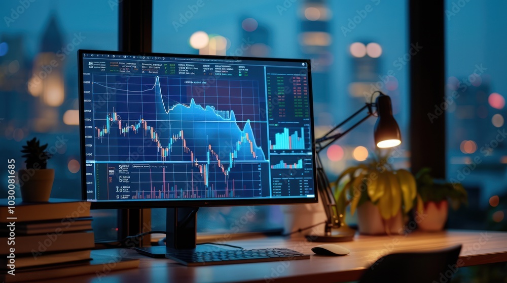 Poster a computer monitor displaying stock market data