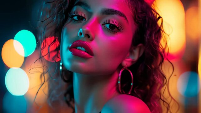 sexy multi racial woman close up face portrait with dreamy twinkle bokeh light