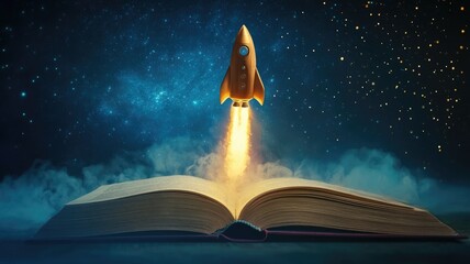 Naklejka premium Open book with glowing rocket launching from it into starry night sky, symbolizing imagination and exploration