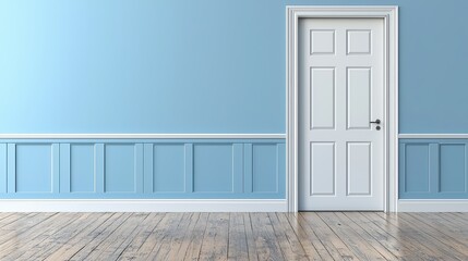 Fototapeta premium minimalistic interior with a white door in a blue wall, featuring classic wainscoting and a wooden floor.
