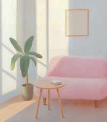 Cozy living room with pink sofa, wooden table, and yellow floor lamp in soft natural light. Oil painting style illustration with warm pastel tones. Interior design and relaxation concept. Design for w