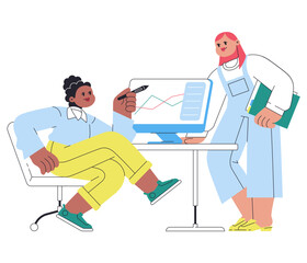 Colleagues discussing analytics at work