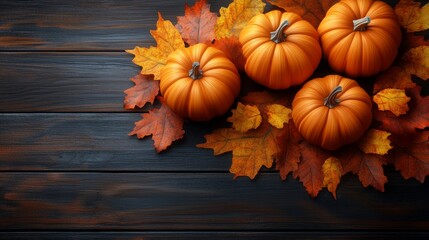 Seasonal wallpaper with pumpkins, berries, on dark wooden surface, Thanksgiving theme, with space for text.