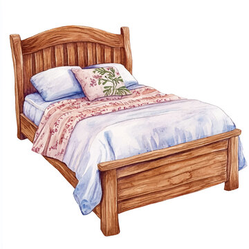 watercolor wooden bed with floral bedding clip art preview