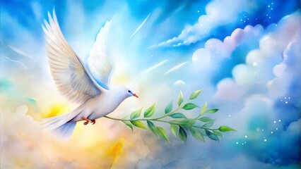  Dove with Olive Branch Flying Through Clouds