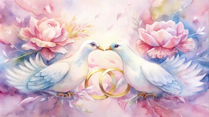 Fototapeta premium Doves with Wedding Rings and Pastel Floral Background