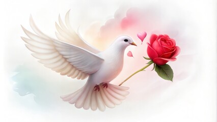 White Dove Holding a Red Rose with a Heart in Flight