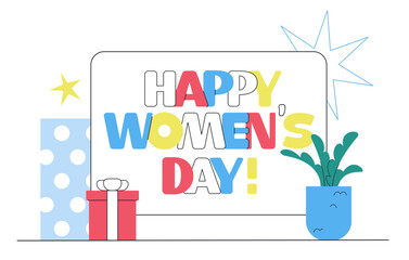 Lettering Happy Women's Day! with gifts and flower