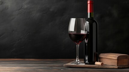 Glass and wine bottle on the wooden surface. Dark background