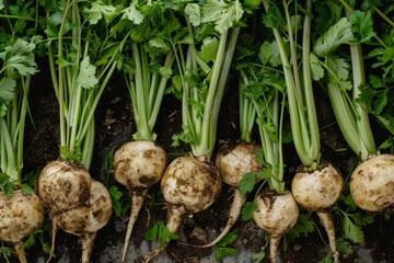 Obraz premium Tubers of turnip rooted chervil textured background, rutabaga pattern, white radish banner, root vegetables