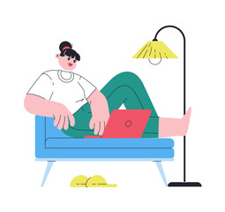 Woman works remotely with laptop on sofa