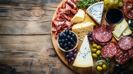 Fruits, meat, cheese, and wine. Gouda, Dorblu, and Brie cheeses, jamon, olives, and black grape sprigs. Top view of a delicious dish put on a wooden table.