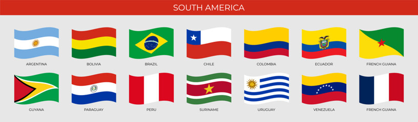 A set of wave-shaped flags of South American countries. Detailed national flags of South America countries, including small states and dependent territories. Vector illustration