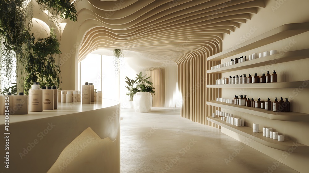 Poster 41. **a serene space with soft, flowing lines creating a perfect backdrop for the product.