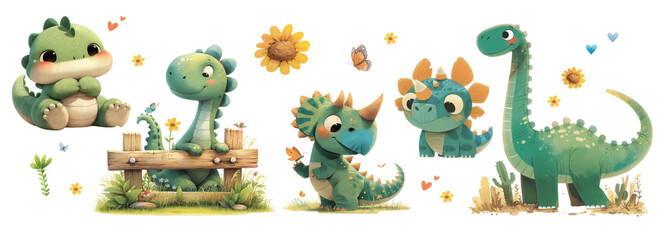 Fototapeta premium Set of 5 Baby dinosaur on a white isolated background. Cute little dragon. Watercolor illustration.