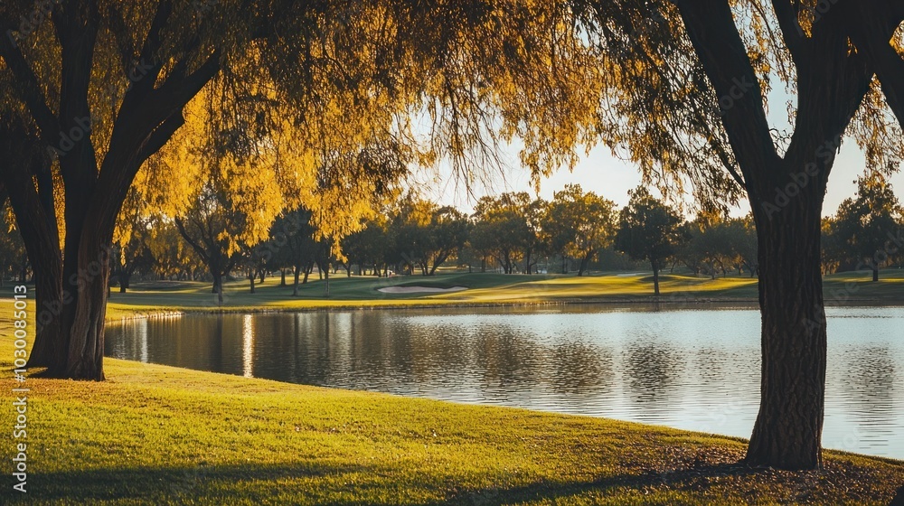 Poster a scenic view of a golf course with a lake and trees in the foreground.