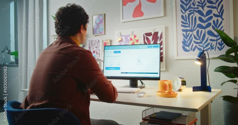 Poster young man types prompt in ai video generator on personal computer. artificial intelligence chatbot g