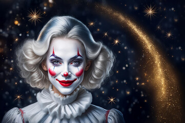 Eine Frau als Clown verkleidet und geschminkt