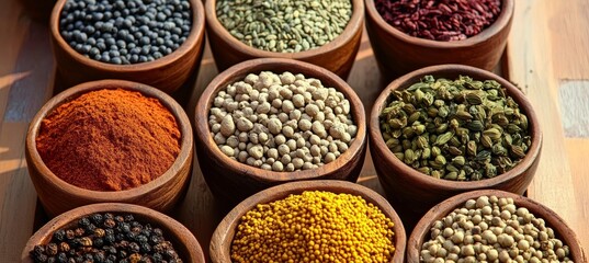 Vibrant Still Life , Colorful Assorted Spices in Wooden Bowls Viewed from Above, Culinary Background