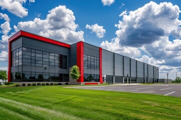 Obraz premium Modern warehouse facade on a sunny day, distribution center. Industrial Building of modern logistics hub. Loading dock. Large Business Entrance. Innovative logistic complex exterior. Cargo storage