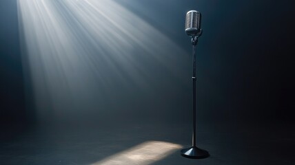 Vintage microphone on stand lit by dramatic spotlight in dark room