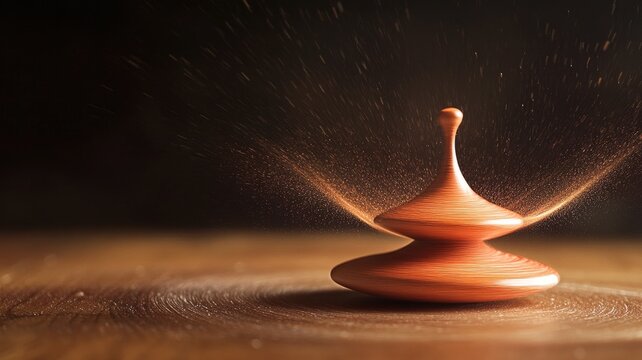 Wooden spinning top on surface with motion blur, creating dust trails