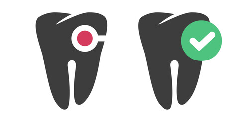 Tooth healthy and dental painful caries cavity icon vector simple graphic pictogram illustration set, teeth clean repaired and decay ache pain silhouette shape image clip art, toothache disease symbol