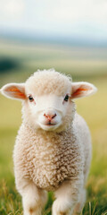 Obraz premium Adorable lamb in a lush green meadow with soft fluffy wool and curious expression