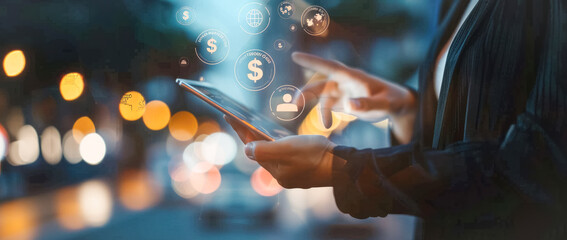 Digital financial innovation with mobile technology and virtual currency in urban environment of night city. Business woman using digital tablet with global network connections overlay