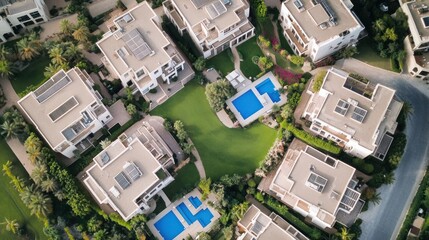 An aerial view of a luxury residential neighborhood with manicured lawns, swimming pools, and modern houses.
