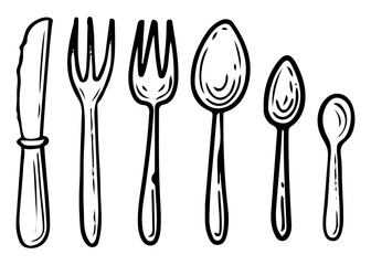 Cutlery set hand drawn doodle. Tablespoon, fork, knife, dessert spoon for eating food. Tableware. Kitchen utensils. Dining table setting. Vector sketch line art illustration.
