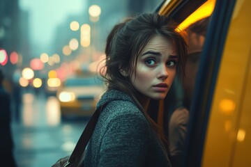 A young woman gets out of a taxi, her face shows signs of panic and haste
