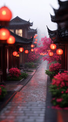 Fototapeta premium An ancient Chinese town on a rainy day, the view from a Chinese-style window reveals the streets and alleys below. Red lanterns hang from the buildings, and stone roads lead to the houses.