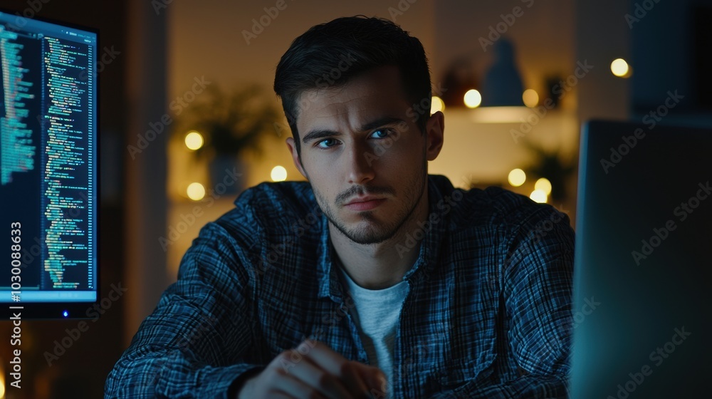 Poster computer programmer working intensely on software development project at night