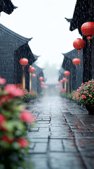 Rainy Alley with Red Lanterns