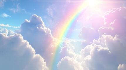 A vibrant rainbow arcs across a bright blue sky, shining with a golden light through fluffy white clouds.
