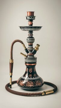 Decorative hookah with intricate floral patterns on a black base and copper accents, featuring a coiled hose, displayed against a light background