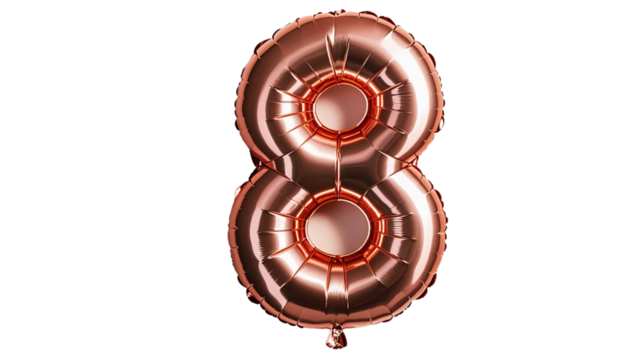 Balloon number eight 8 made of rose gold color On the White background....