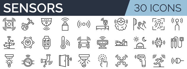 Set of 30 outline icons related to sensors. Linear icon collection. Editable stroke. Vector illustration
