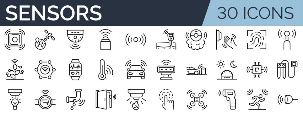 Set of 30 outline icons related to sensors. Linear icon collection. Editable stroke. Vector illustration