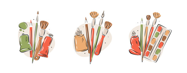 Set of art supplies, creative hobby accessories. Collection of painting related icons, various painting tools. Vector illustrations isolated on white background