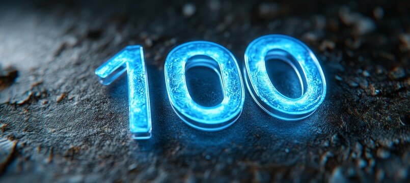 Number 100 Anniversary Celebration with Neon Blue Glowing Light on Gritty Texture, 3D Render - Powered by Adobe