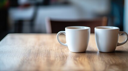 Fototapeta premium Two white coffee mugs on wooden table
