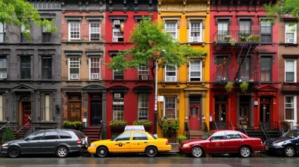 Fototapeta premium A Yellow Taxi Parked In Front Of Colorful Townhouses In New York City