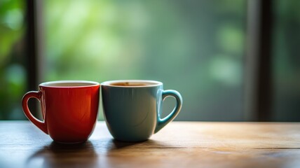 Obraz premium Two coffee mugs, one red, blue, on wooden table with blurred green background