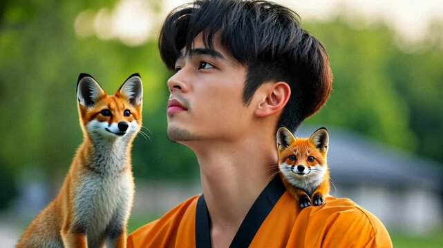 kitsune man, young Japanese man with small mini fox on his shoulder