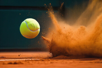 Close-up photo of a tennis ball hitting the clay court surface.