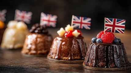 Assortment of decorated British desserts with small flags