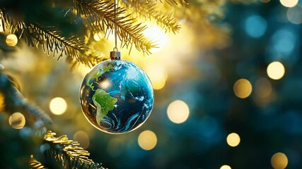 earth globe pattern Christmas bauble on needle pine branch with bokeh light, Christmas and sustainable concept, dreamy whimsical background